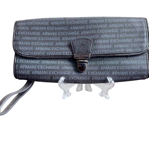 Giorgio Armani Logo Cosmetic Bag Black w/ Wrist Strap - Sz 9" x 4.5" - Picture 1 of 6